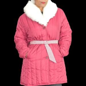 Fingerhut Quilted Coat Red Vintage 70s White Faux Fur Collar Puffer Plus Size 14
